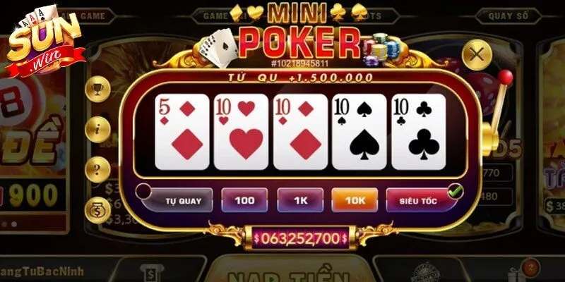 Mini Poker Sunwin là sự kết hợp giữa Slot Machine và Poker truyền thống